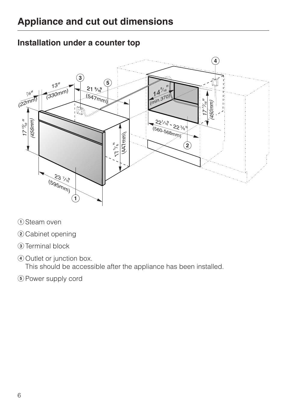 Installation under a counter top 6, Installation under a counter top, Cd f b e | Appliance and cut out dimensions | Miele DG155-1 User Manual | Page 6 / 12