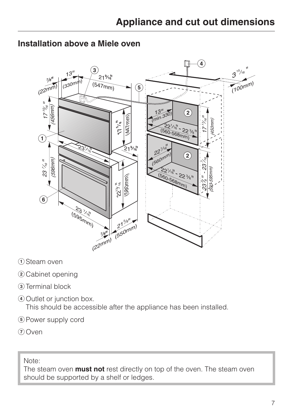 Installation above a miele oven 7, Installation above a miele oven, Appliance and cut out dimensions | Miele DG155-1 User Manual | Page 7 / 12