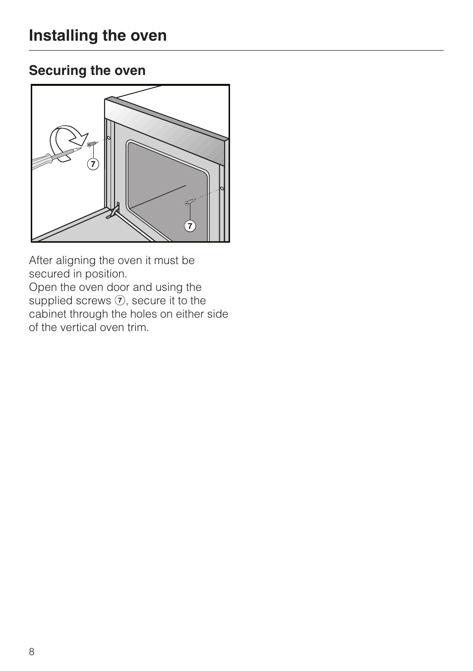 Installing the oven 8, Securing the oven 8, Installing the oven | Securing the oven | Miele DG155-1 User Manual | Page 8 / 12