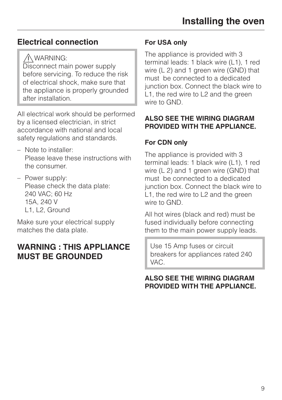 Electrical connection 9, Electrical connection, Installing the oven | Warning : this appliance must be grounded | Miele DG155-1 User Manual | Page 9 / 12