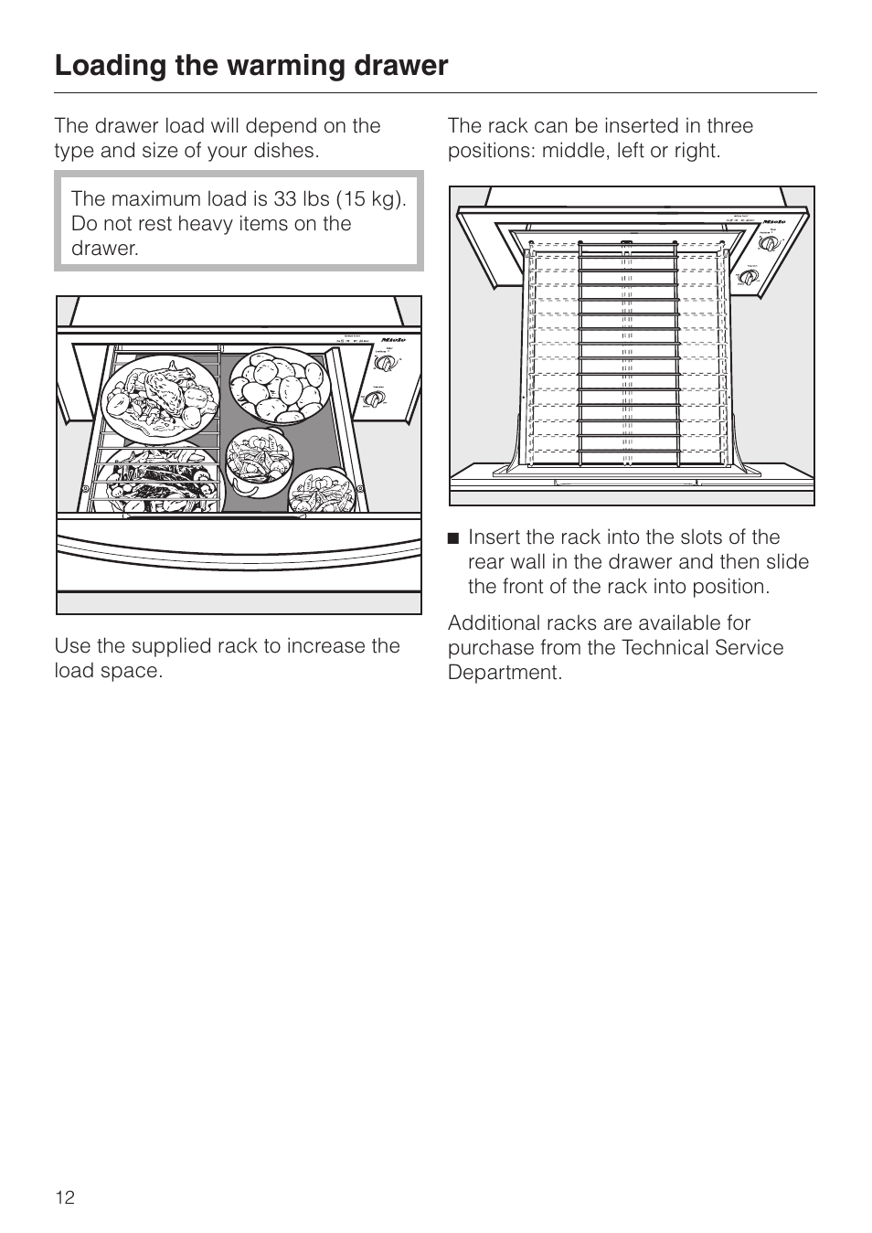 Loading the warming drawer 12, Loading the warming drawer | Miele ESW700-25 User Manual | Page 12 / 32