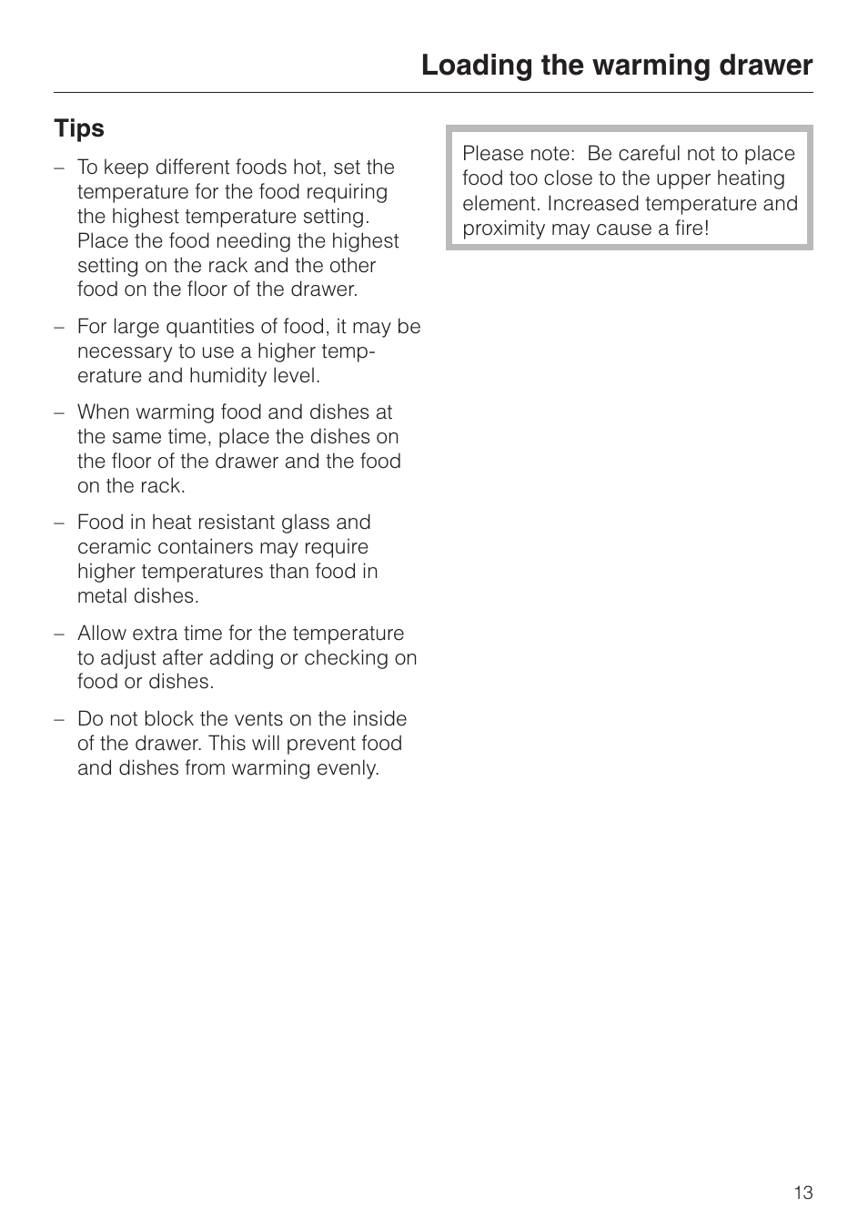 Tips 13, Tips, Loading the warming drawer | Miele ESW700-25 User Manual | Page 13 / 32