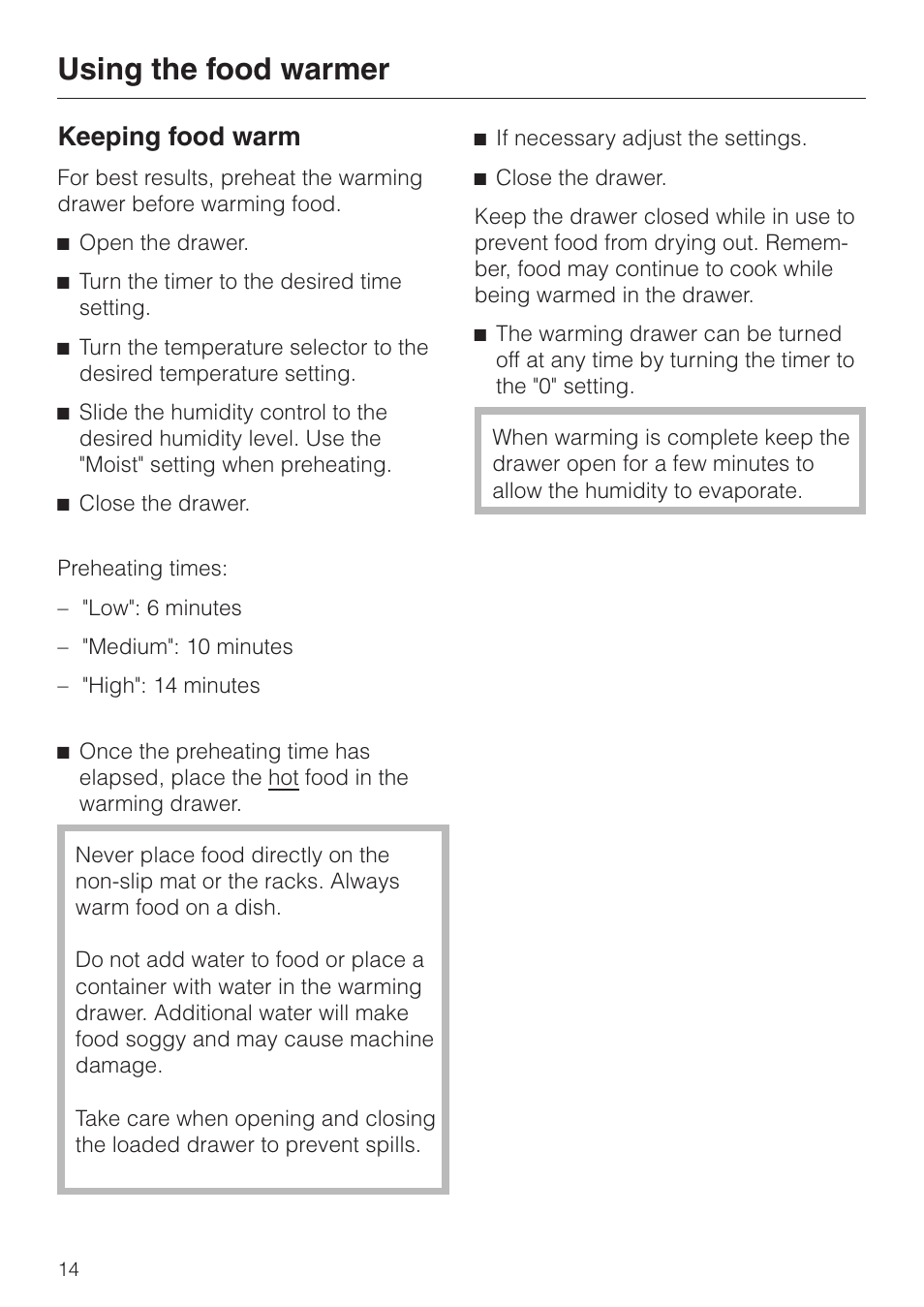 Using the food warmer 14, Keeping food warm 14, Using the food warmer keeping food warm | Using the food warmer, Keeping food warm | Miele ESW700-25 User Manual | Page 14 / 32