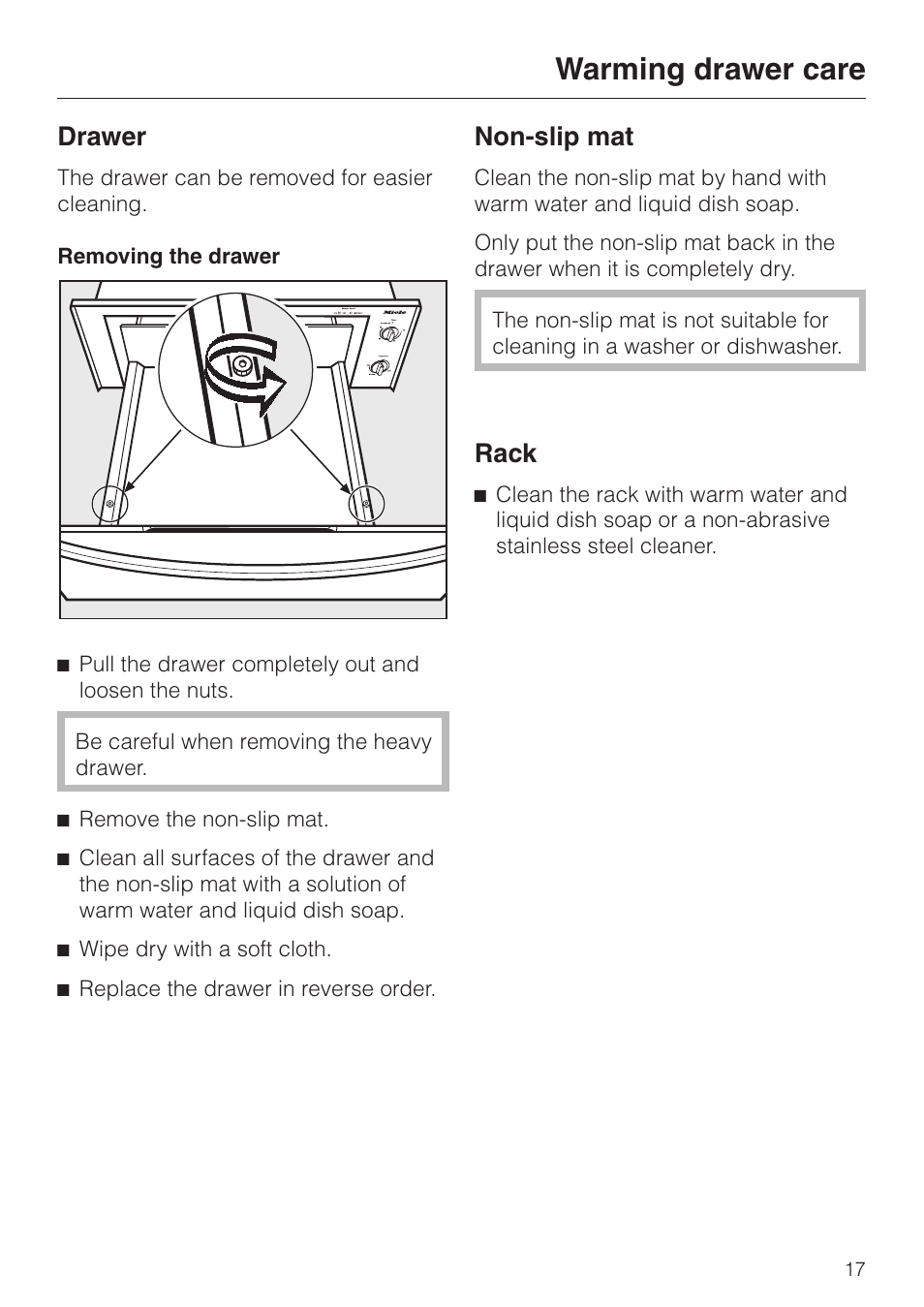 Drawer 17, Non-slip mat 17, Rack 17 | Drawer non-slip mat rack, Warming drawer care, Drawer, Non-slip mat, Rack | Miele ESW700-25 User Manual | Page 17 / 32
