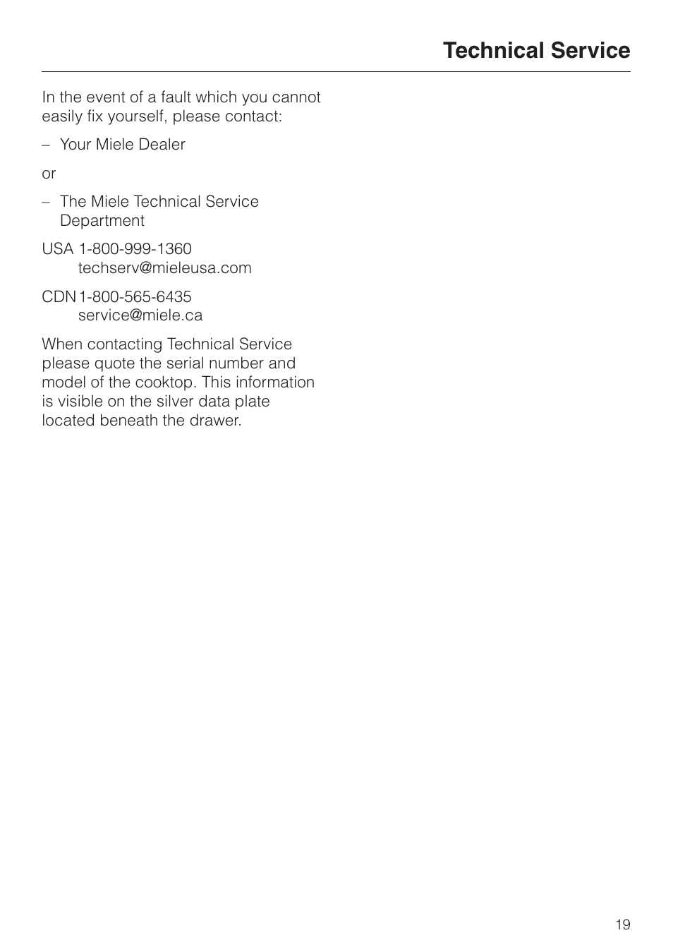 Technical service 19, Technical service | Miele ESW700-25 User Manual | Page 19 / 32