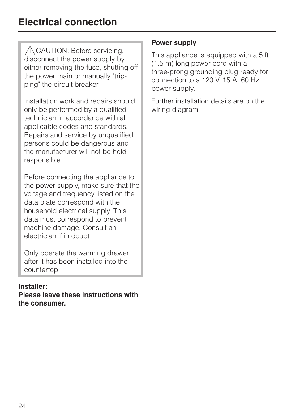 Electrical connection 24, Electrical connection | Miele ESW700-25 User Manual | Page 24 / 32