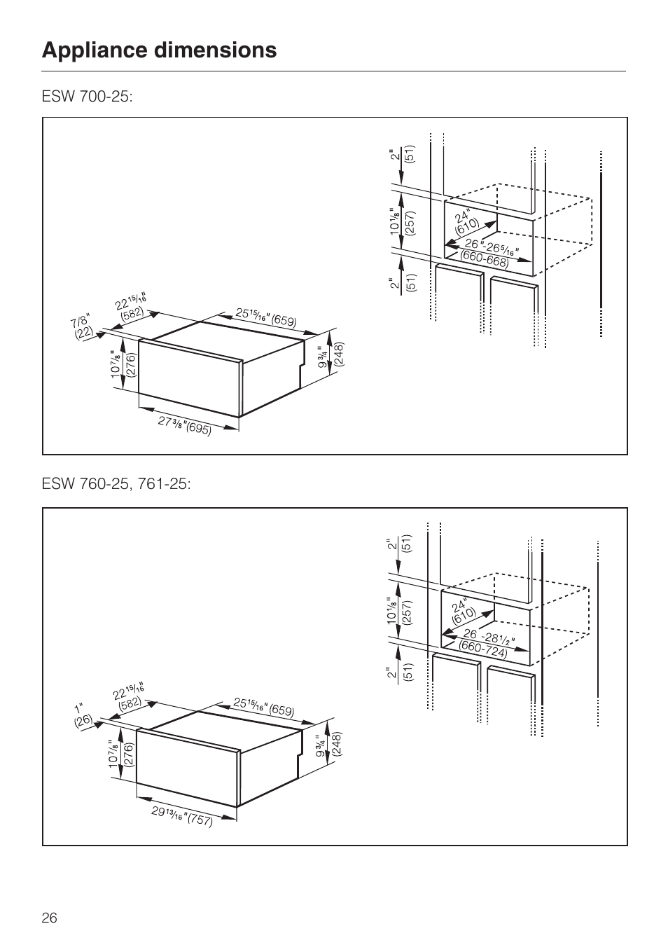 Appliance dimensions 26, Appliance dimensions | Miele ESW700-25 User Manual | Page 26 / 32