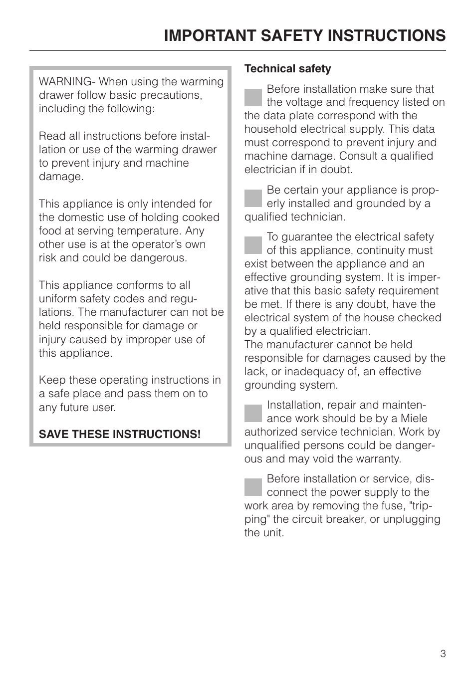 Important safety instructions 3, Important safety instructions | Miele ESW700-25 User Manual | Page 3 / 32