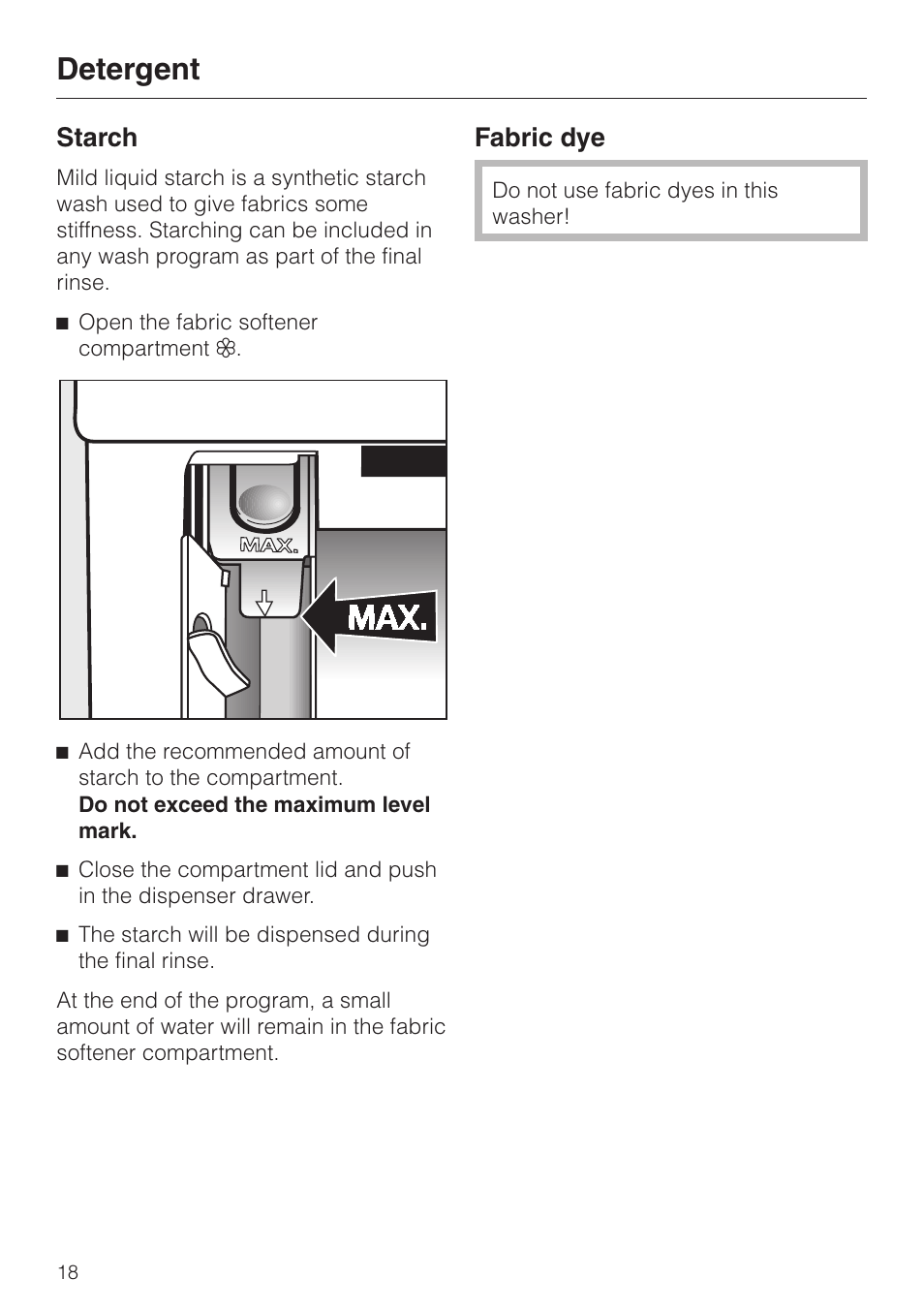 Starch 18, Fabric dye 18, Starch fabric dye | Detergent, Starch, Fabric dye | Miele SOFTTRONIC W 1215 User Manual | Page 18 / 56