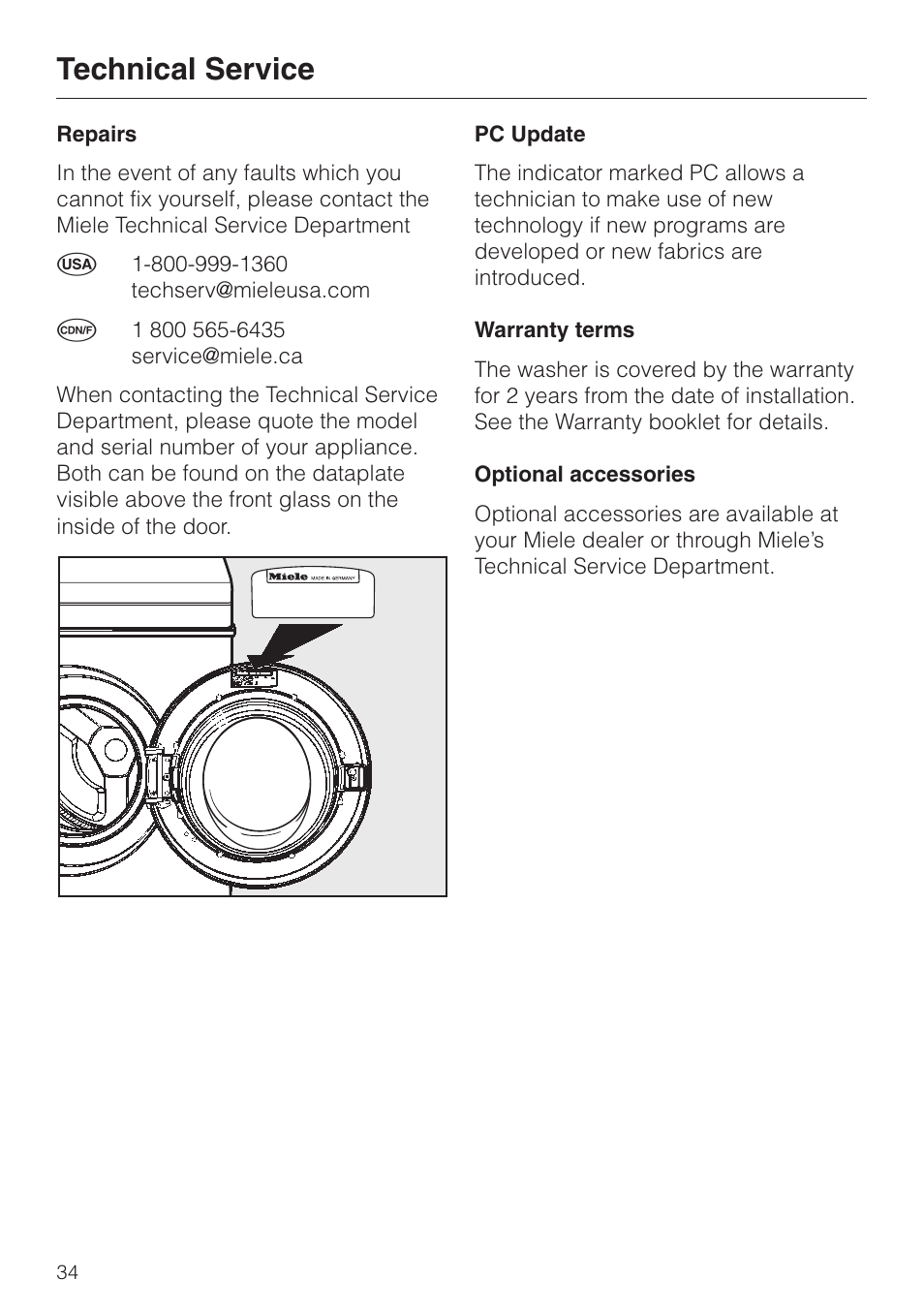 Technical service 34, Repairs 34, Pc update 34 | Warranty terms 34, Optional accessories 34, Technical service | Miele SOFTTRONIC W 1215 User Manual | Page 38 / 56