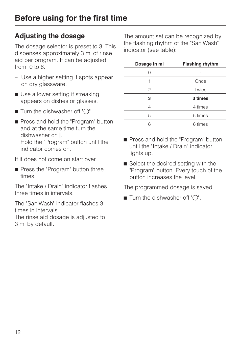 Adjusting the dosage 12, Before using for the first time, Adjusting the dosage | Miele G2182 User Manual | Page 12 / 56