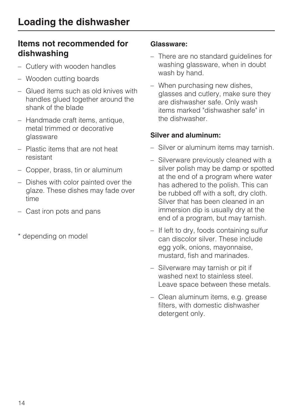 Items not recommended for dishwashing 14, Loading the dishwasher, Items not recommended for dishwashing | Miele G2182 User Manual | Page 14 / 56