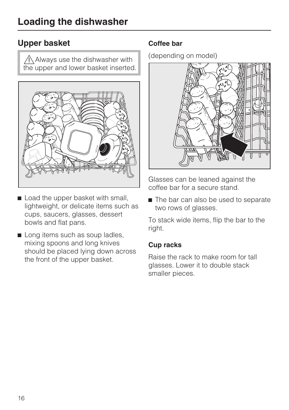 Upper basket 16, Loading the dishwasher, Upper basket | Miele G2182 User Manual | Page 16 / 56