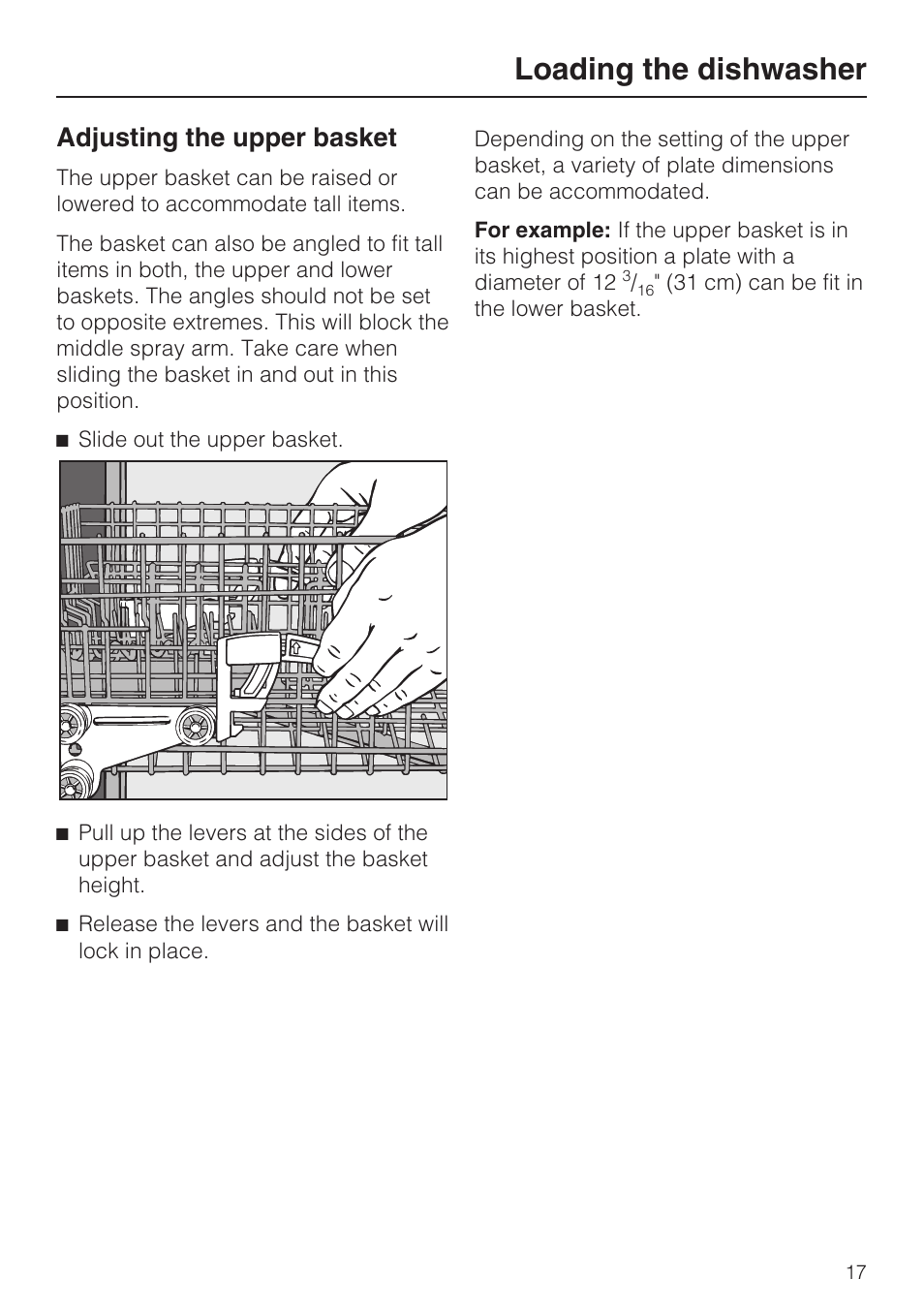 Adjusting the upper basket 17, Loading the dishwasher, Adjusting the upper basket | Miele G2182 User Manual | Page 17 / 56