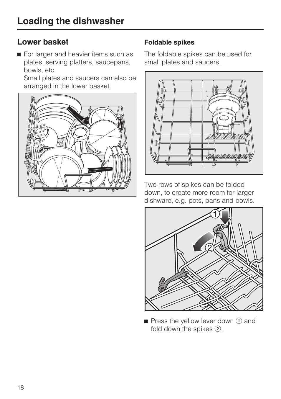 Lower basket 18, Loading the dishwasher, Lower basket | Miele G2182 User Manual | Page 18 / 56