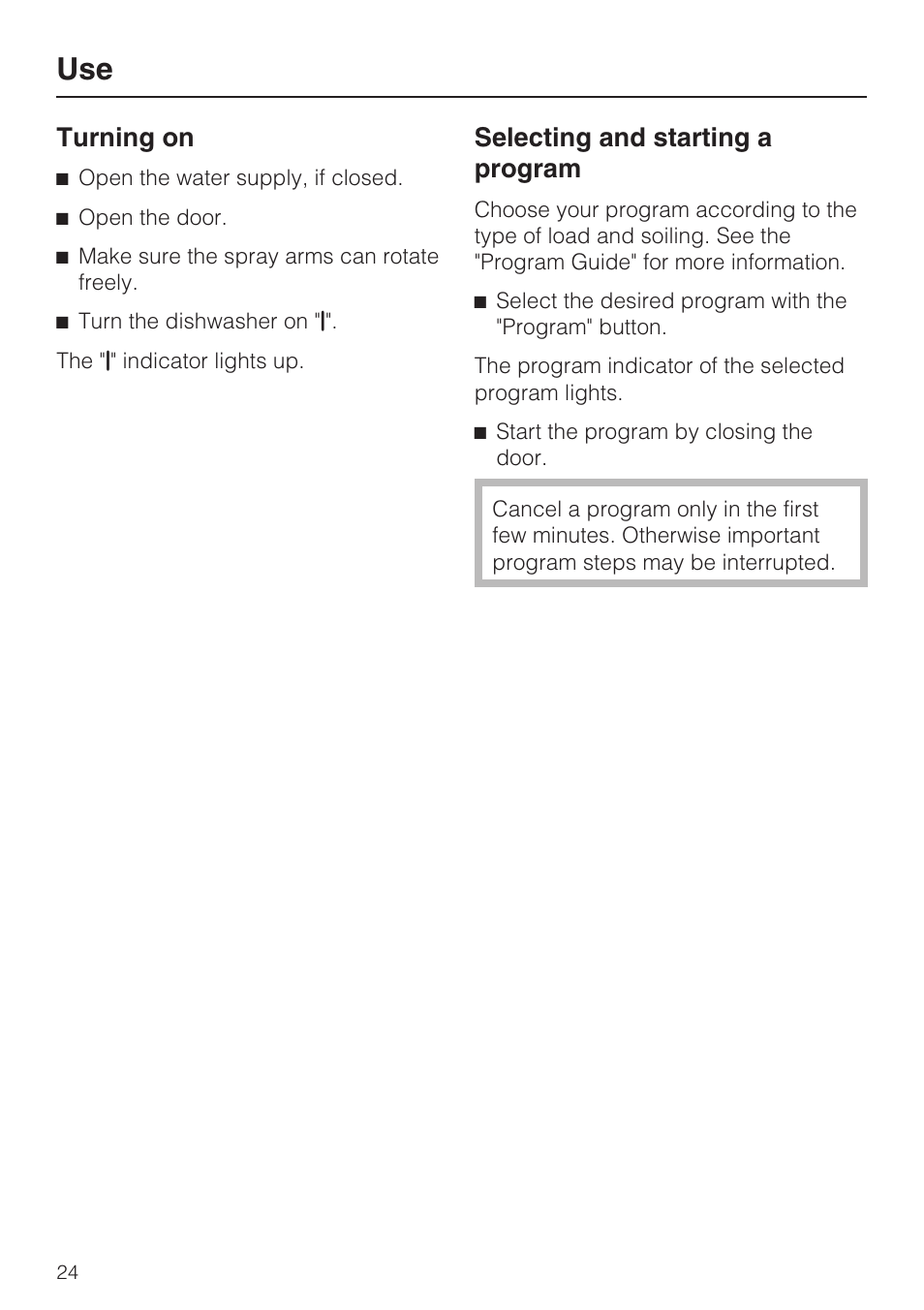 Turning on 24, Selecting and starting a program 24, Turning on | Selecting and starting a program | Miele G2182 User Manual | Page 24 / 56