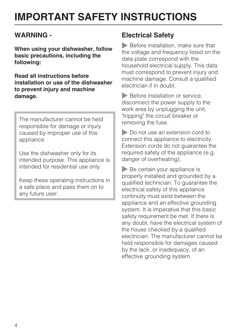 Important safety instructions 4, Important safety instructions | Miele G2182 User Manual | Page 4 / 56