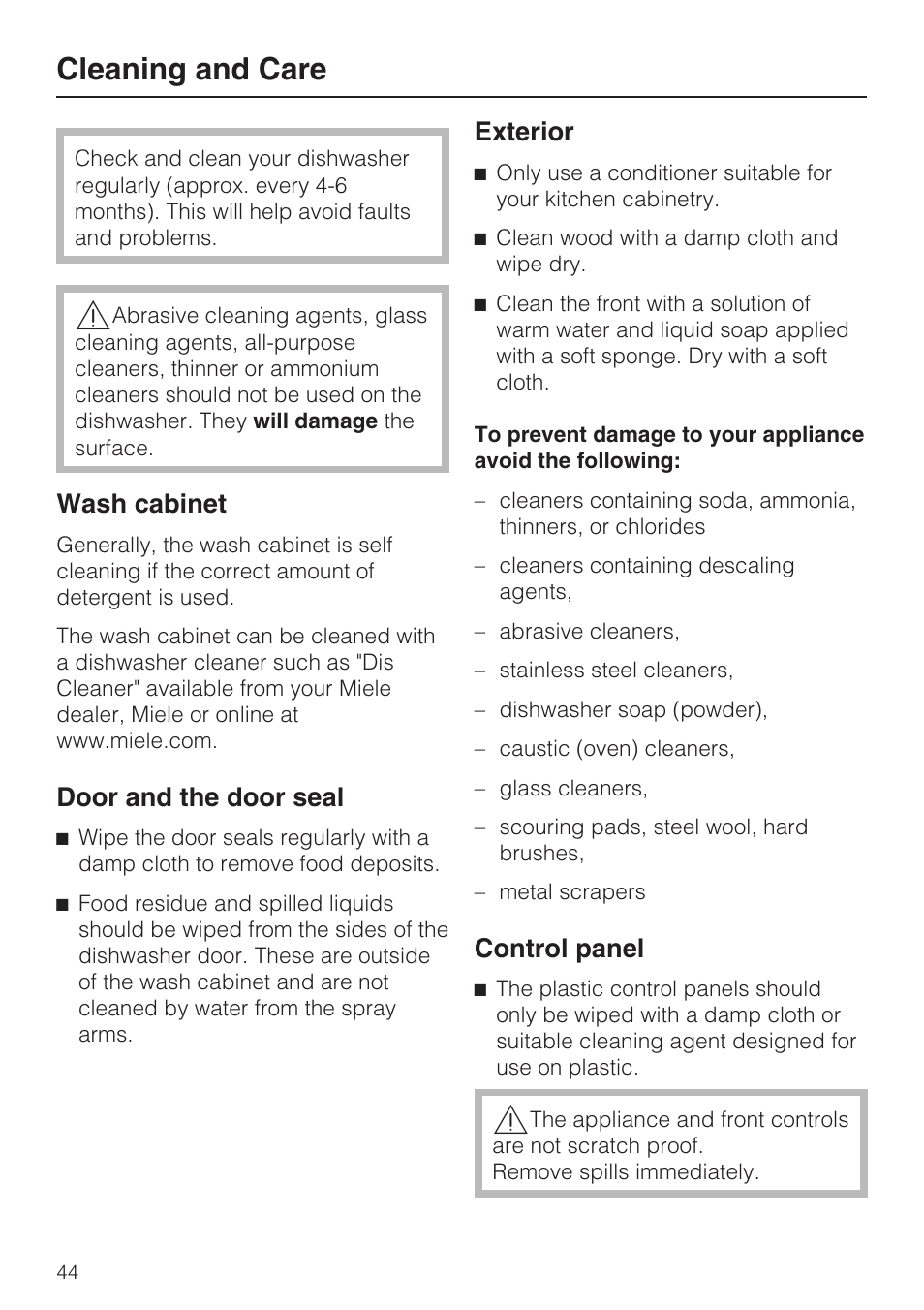 Cleaning and care 44, Cleaning and care, Wash cabinet | Door and the door seal, Exterior, Control panel | Miele G2182 User Manual | Page 44 / 56