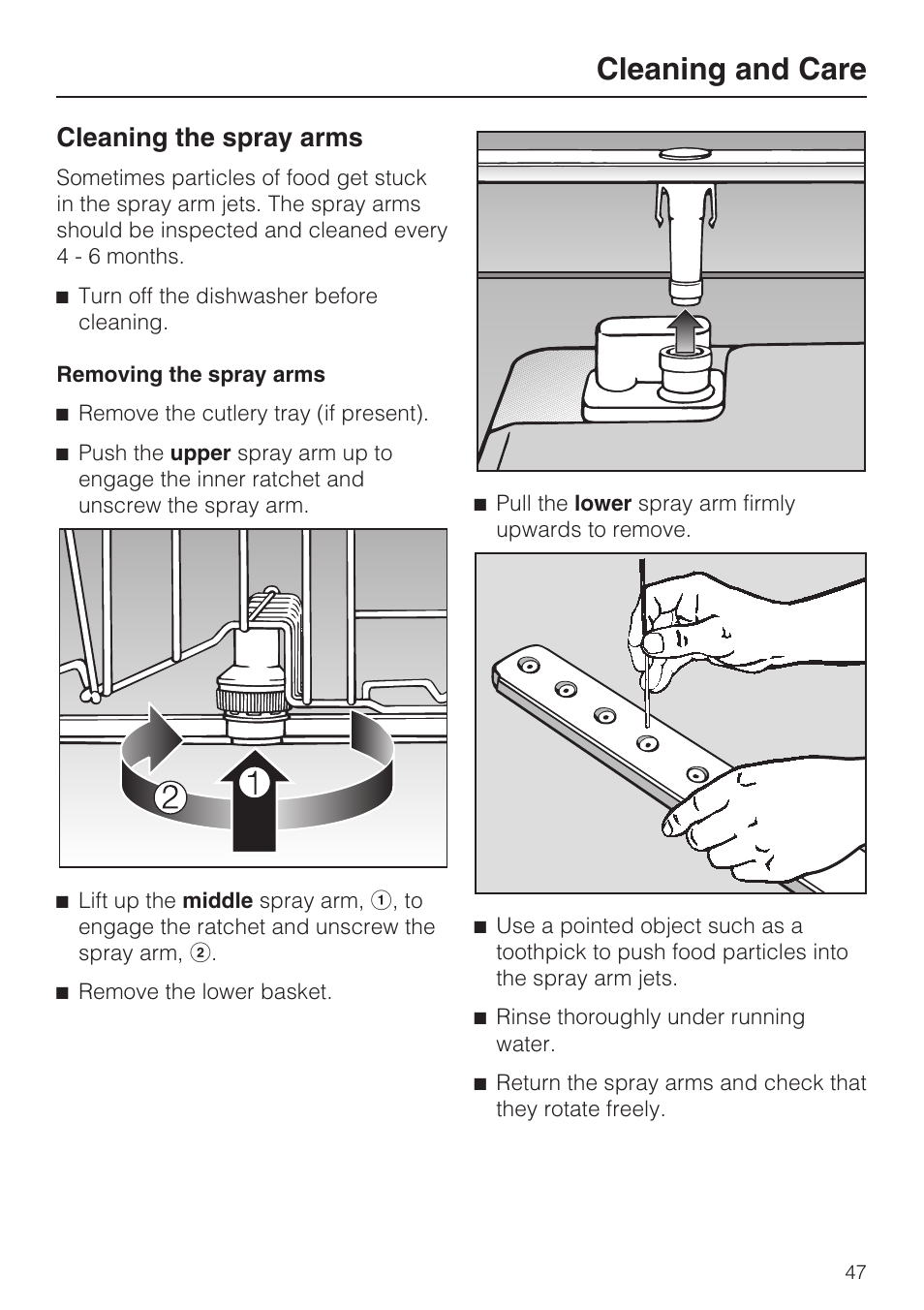 Cleaning the spray arms 47, Cleaning and care, Cleaning the spray arms | Miele G2182 User Manual | Page 47 / 56