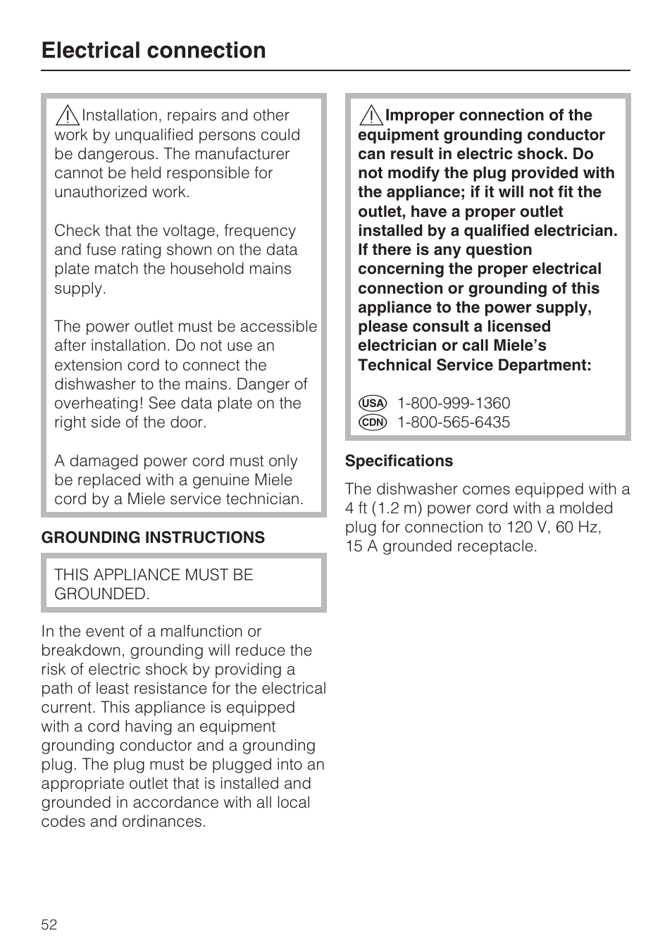 Electrical connection 52, Electrical connection | Miele G2182 User Manual | Page 52 / 56