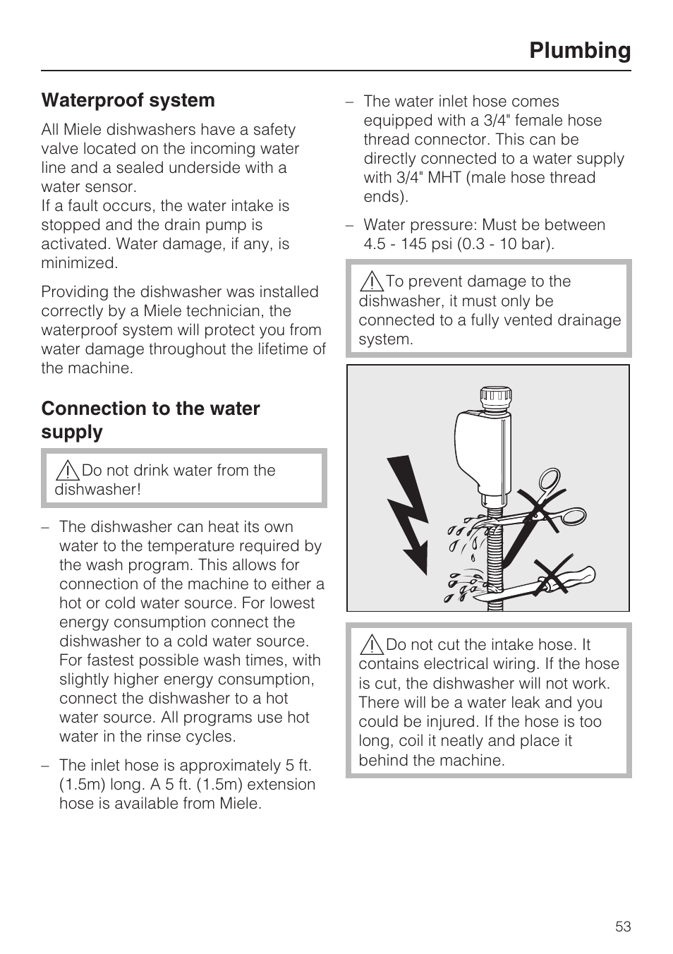 Plumbing 53, Waterproof system 53, Connection to the water supply 53 | Plumbing | Miele G2182 User Manual | Page 53 / 56