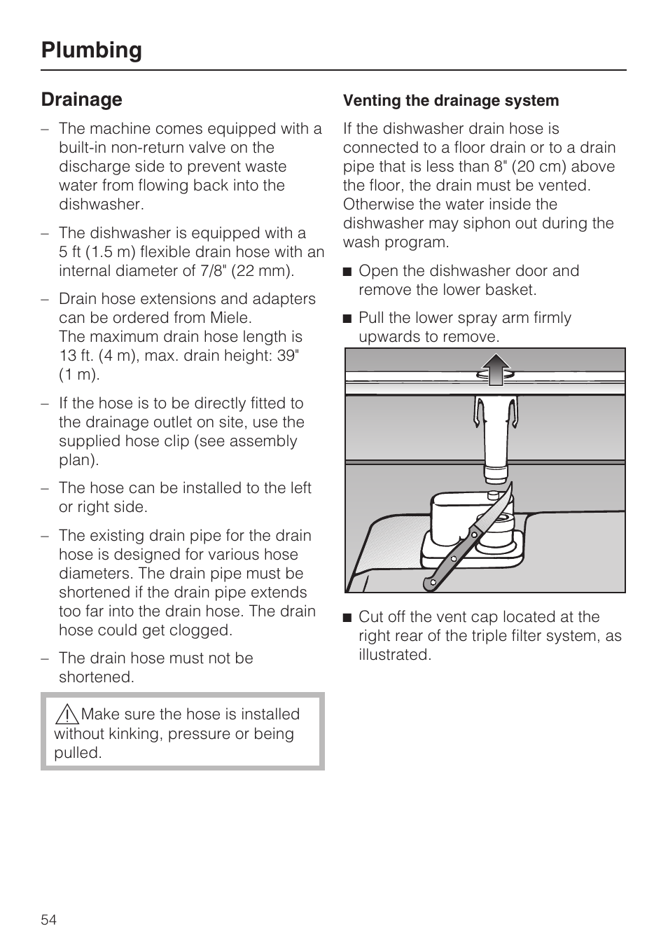 Drainage 54, Plumbing, Drainage | Miele G2182 User Manual | Page 54 / 56