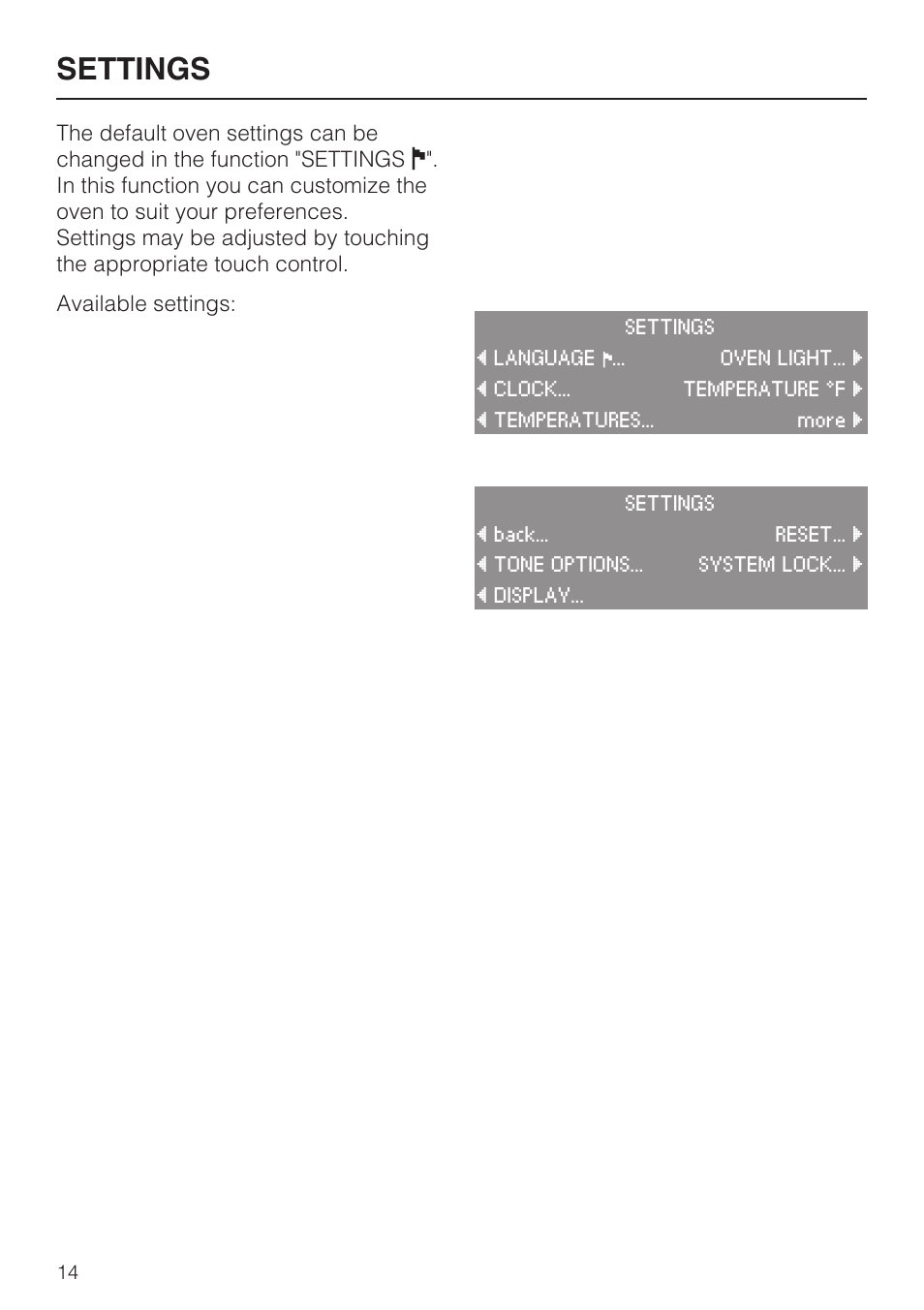 Settings 14, Settings | Miele H4890B2 User Manual | Page 14 / 76