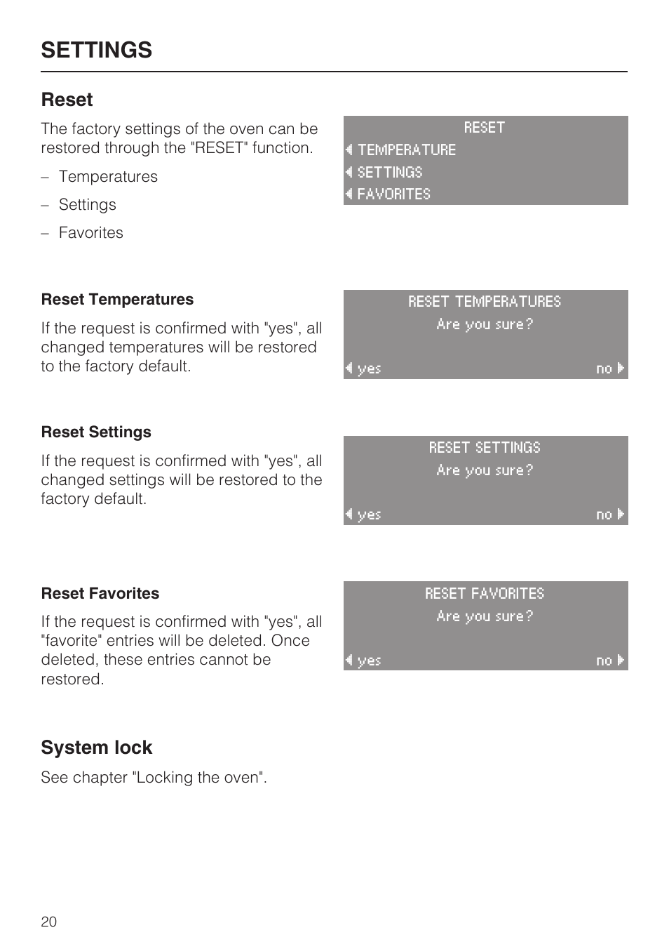 Reset 20, System lock 20, Settings | Reset, System lock | Miele H4890B2 User Manual | Page 20 / 76