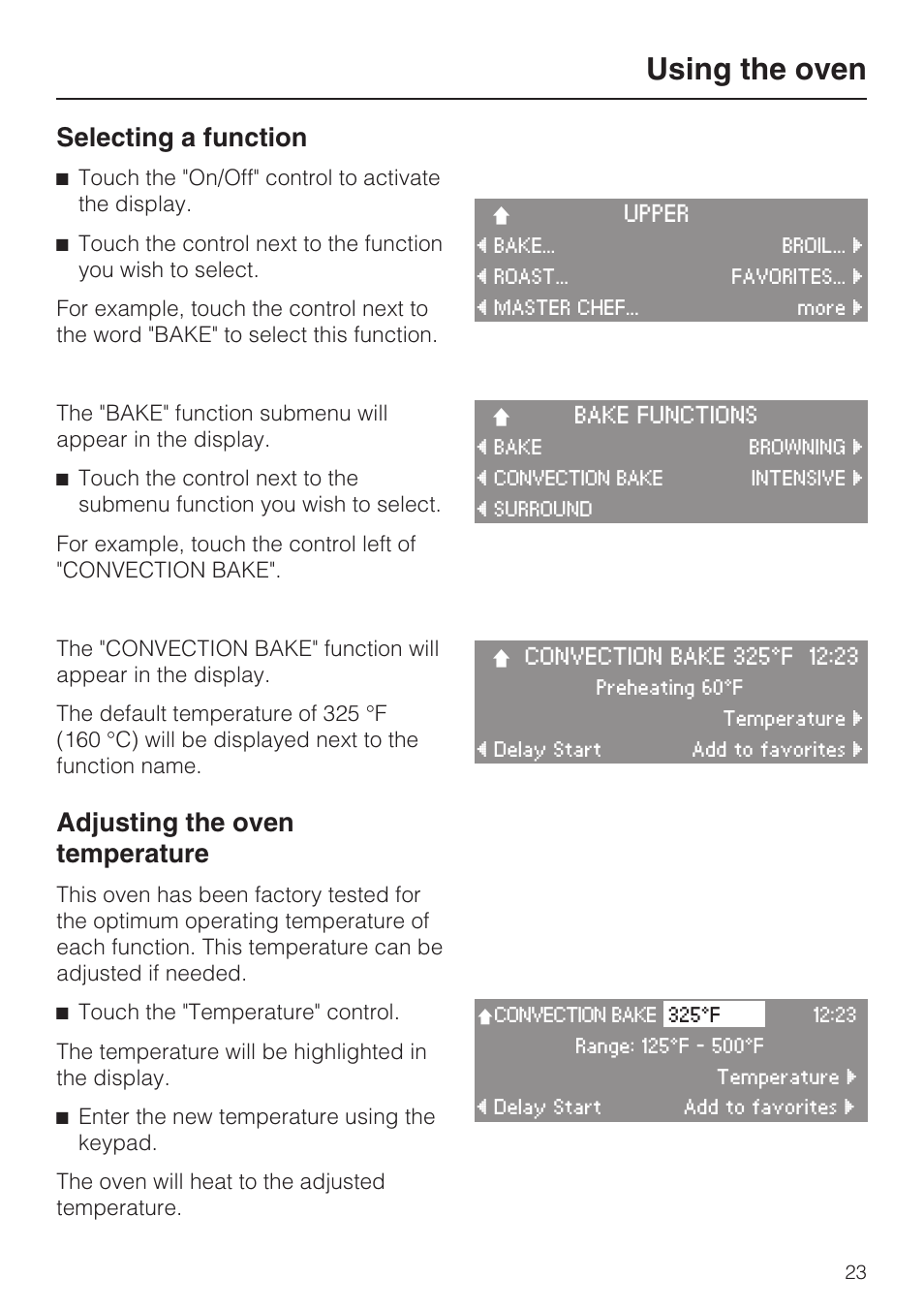 Using the oven 23, Selecting a function 23, Adjusting the oven temperature 23 | Using the oven, Selecting a function, Adjusting the oven temperature | Miele H4890B2 User Manual | Page 23 / 76