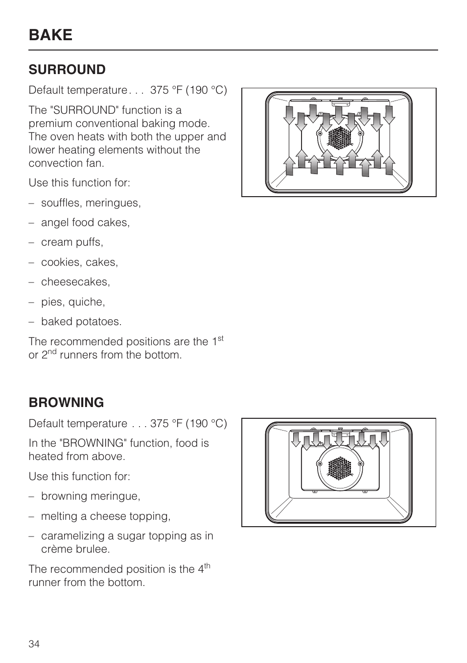 Bake, Surround, Browning | Miele H4890B2 User Manual | Page 34 / 76