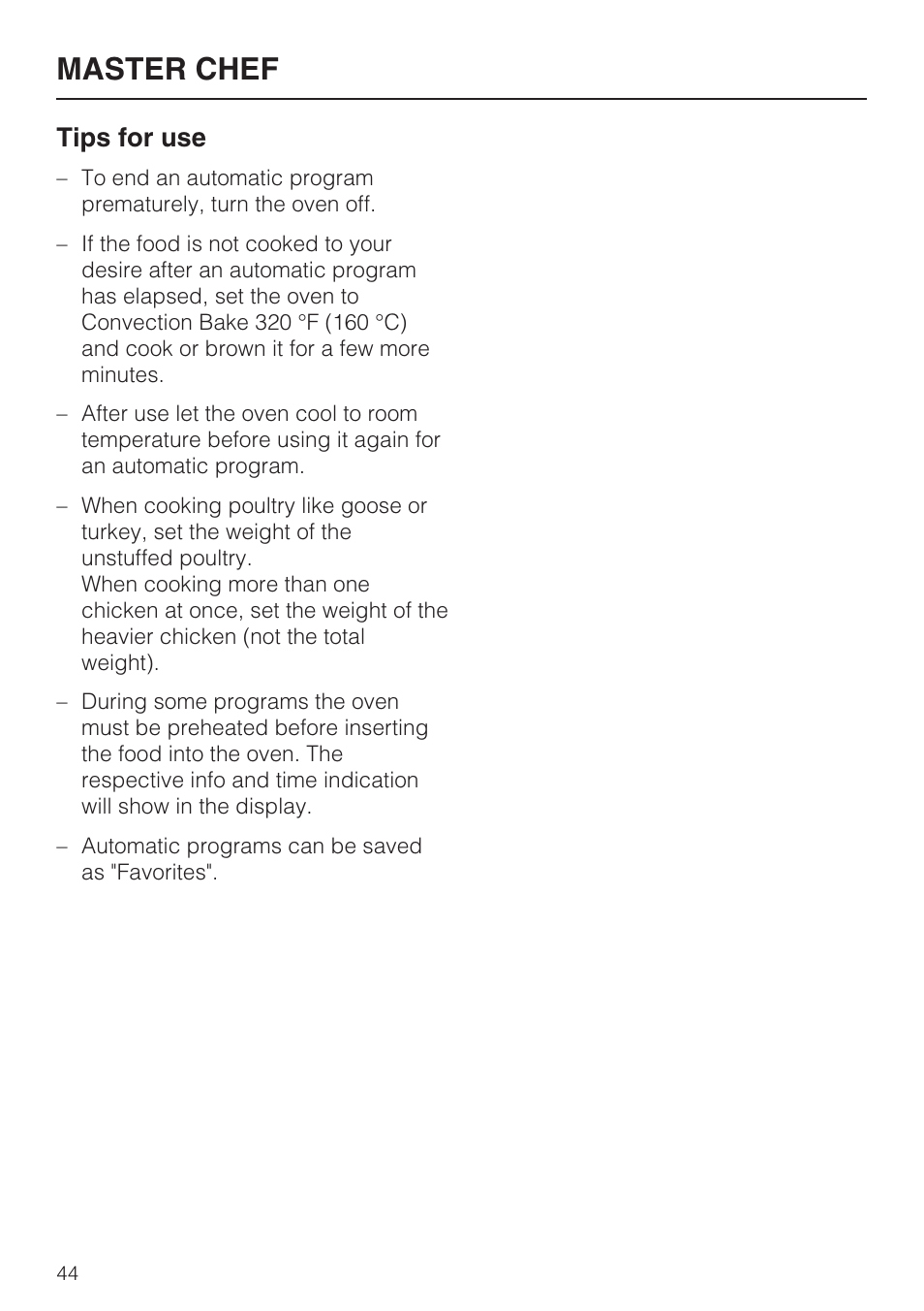 Master chef, Tips for use | Miele H4890B2 User Manual | Page 44 / 76