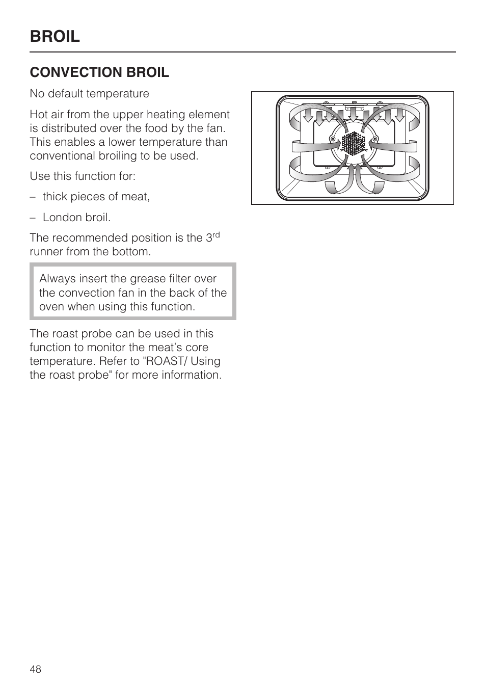 Broil, Convection broil | Miele H4890B2 User Manual | Page 48 / 76