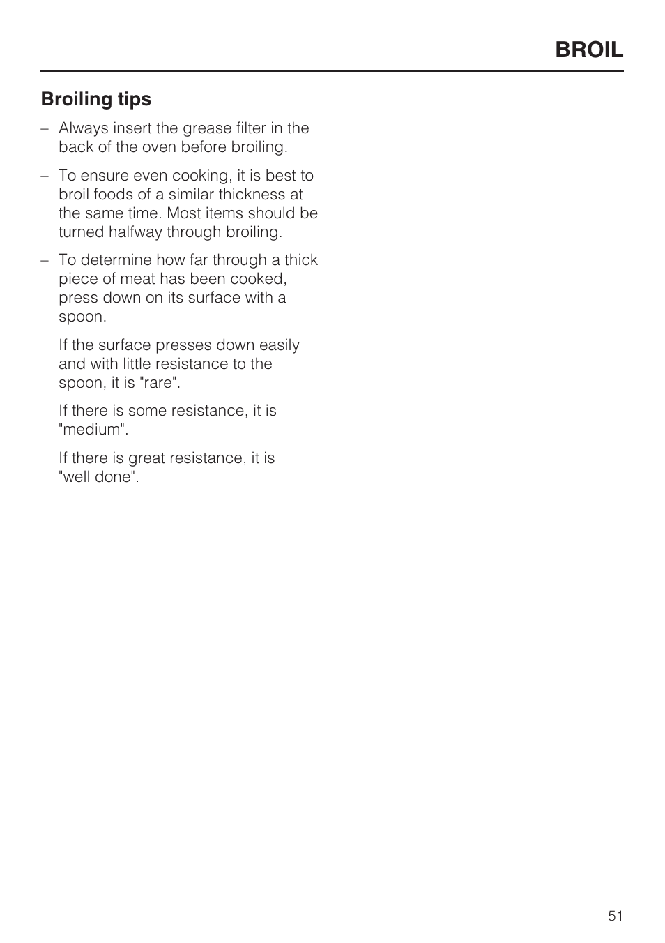 Broiling tips 51, Broil, Broiling tips | Miele H4890B2 User Manual | Page 51 / 76