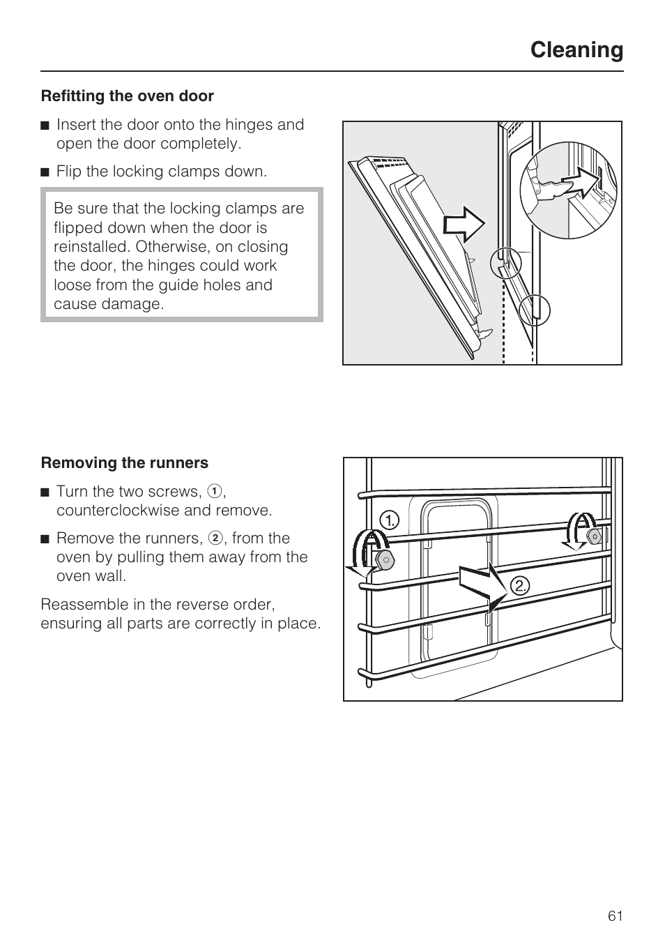 Removing the runners 61, Cleaning | Miele H4890B2 User Manual | Page 61 / 76