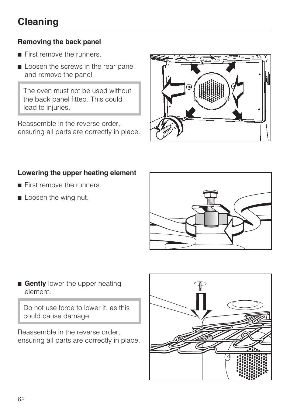 Removing the back panel 62, Lowering the upper heating element 62, Cleaning | Miele H4890B2 User Manual | Page 62 / 76