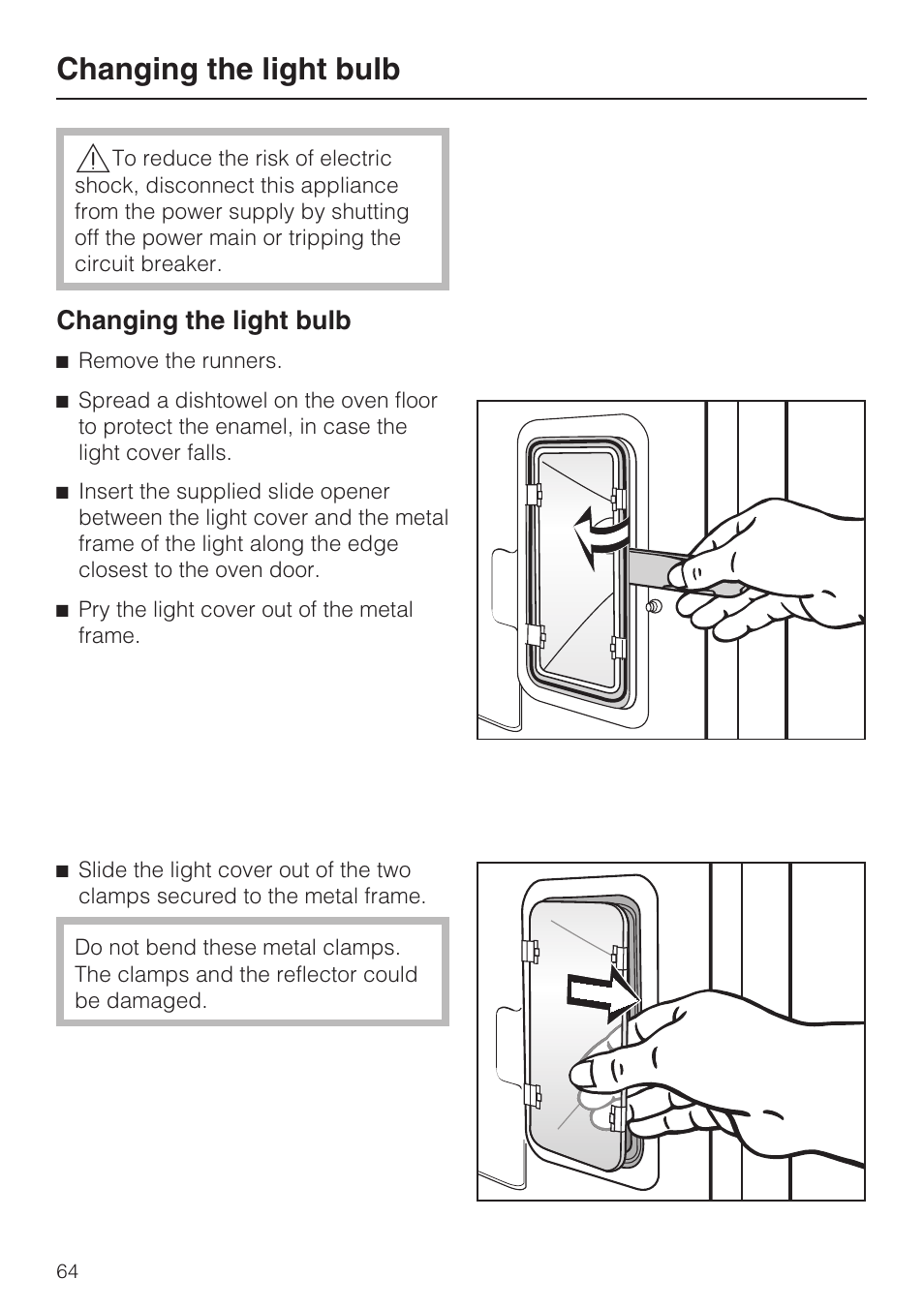 Changing the light bulb 64, Changing the light bulb | Miele H4890B2 User Manual | Page 64 / 76