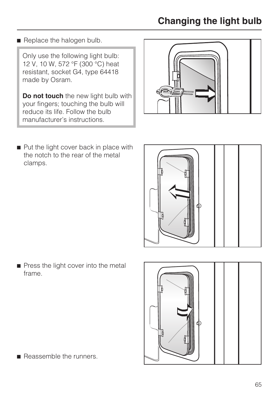 Changing the light bulb | Miele H4890B2 User Manual | Page 65 / 76