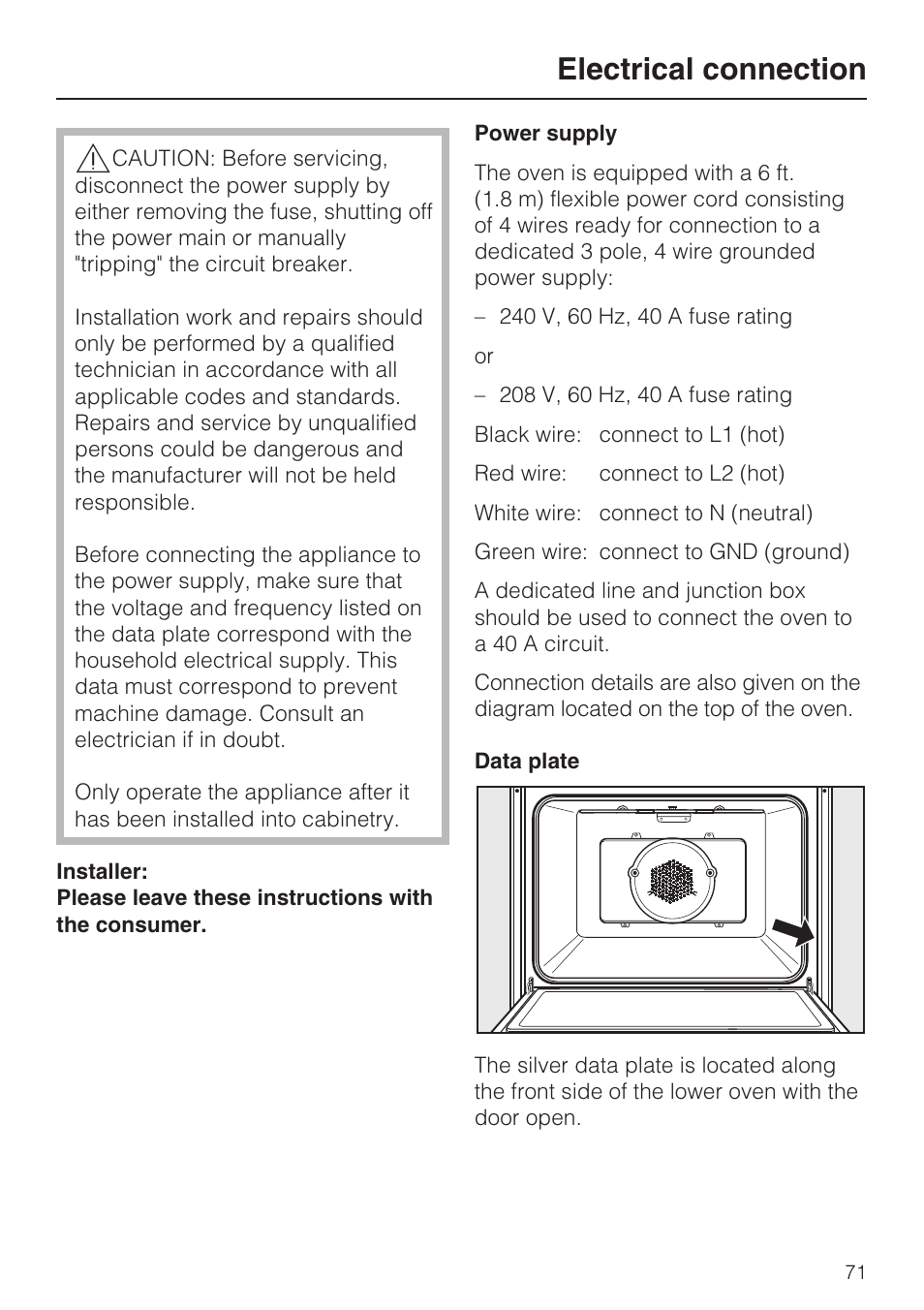 Electrical connection 71, Electrical connection | Miele H4890B2 User Manual | Page 71 / 76
