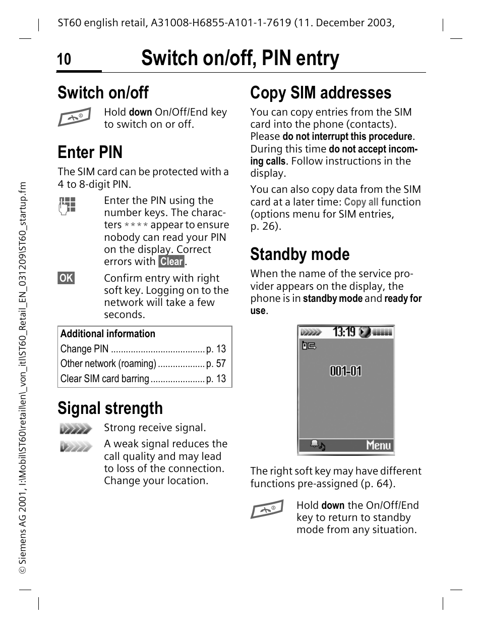 Switch on/ off, pin entry, Copy sim addresses, Standby mode | Switch on/off, pin entry, Copy sim addresses standby mode, Switch on/off, Enter pin, Signal strength | Siemens ST60 User Manual | Page 10 / 89