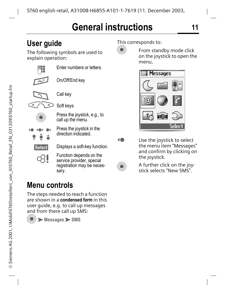 General instructions, User guide, Menu controls | Siemens ST60 User Manual | Page 11 / 89