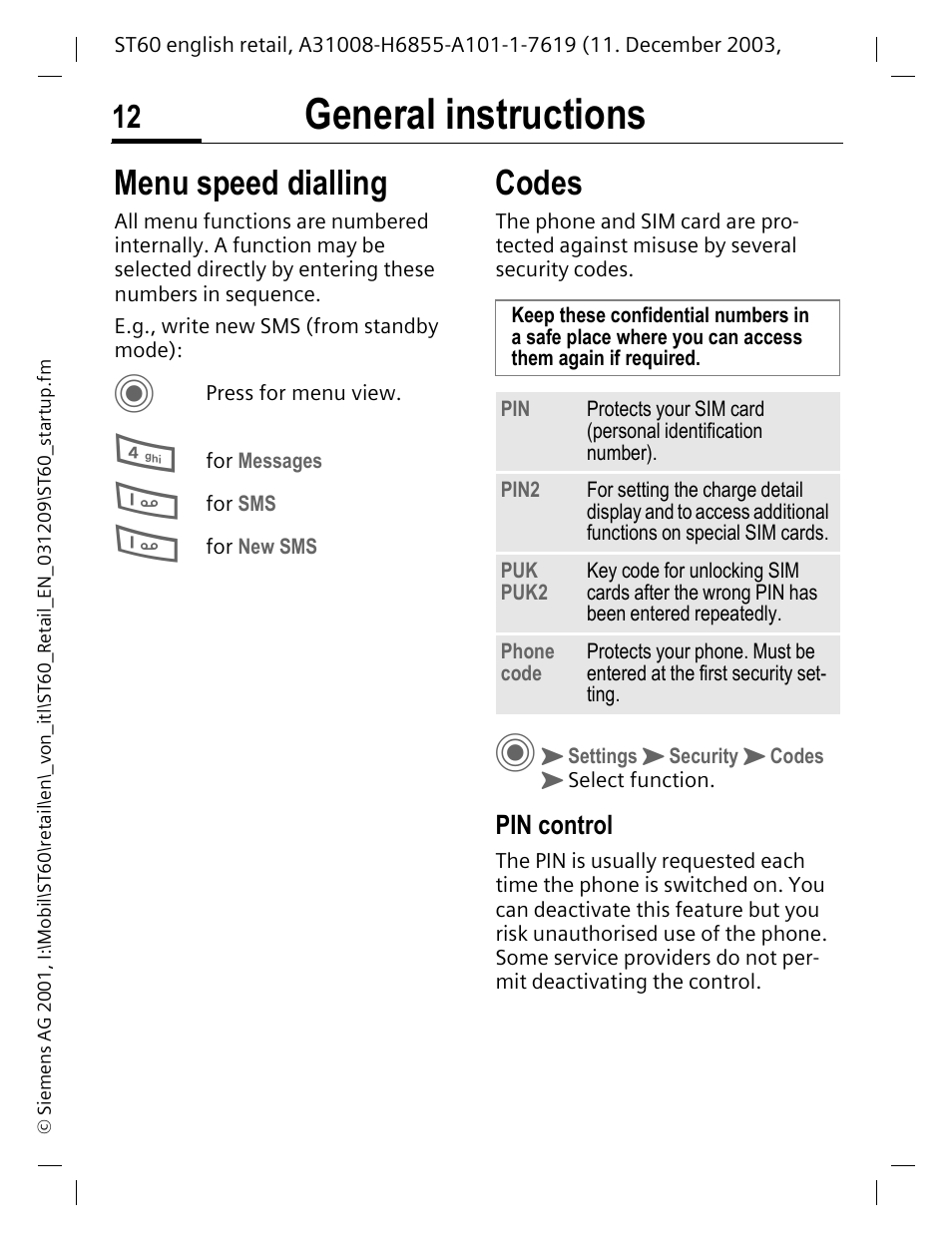 Menu speed dialling, Codes, Pin control | Menu speed dialling codes, General instructions | Siemens ST60 User Manual | Page 12 / 89