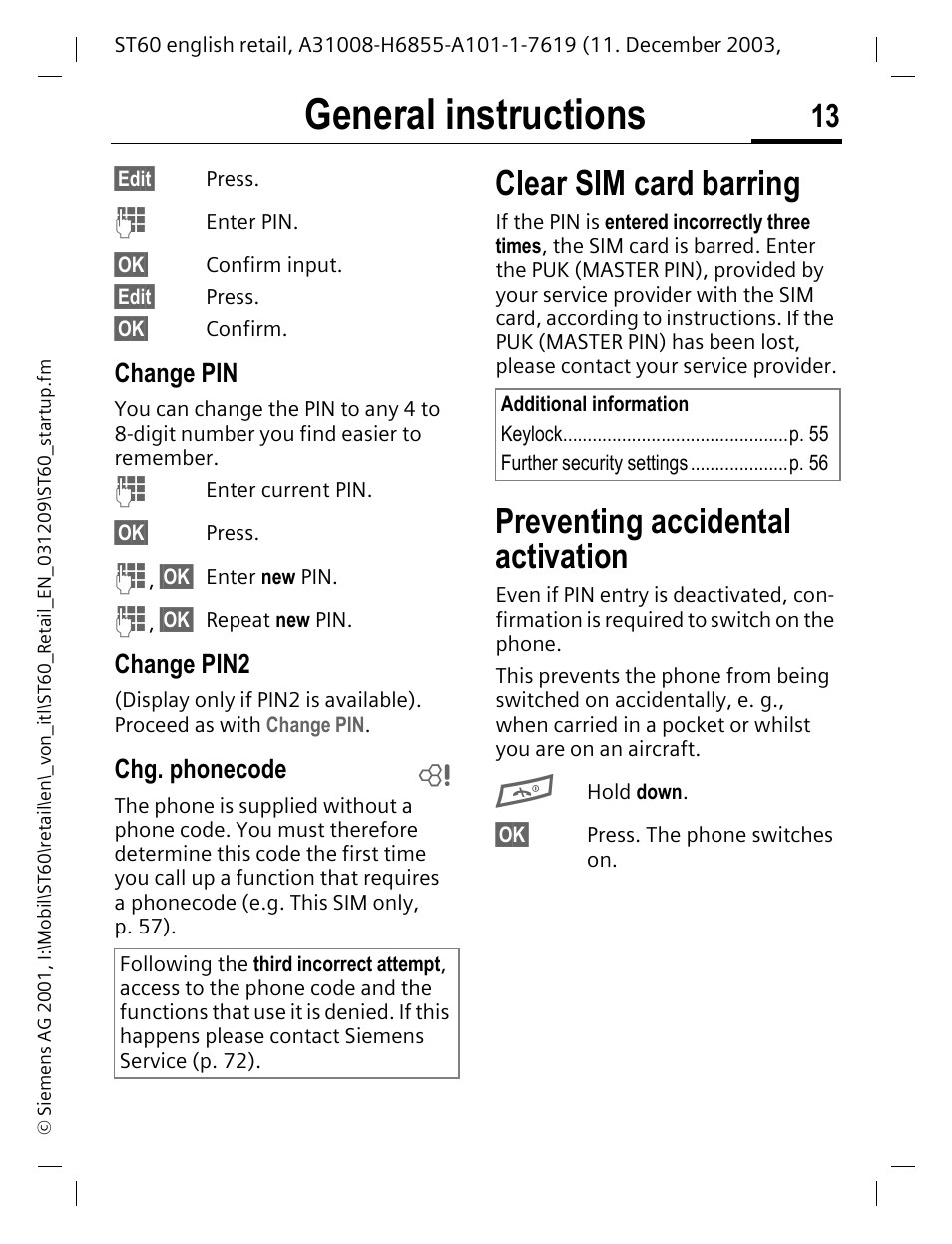 Change pin, Change pin2, Chg. phonecode | Preventing accidental activation, P. 13, General instructions, Clear sim card barring | Siemens ST60 User Manual | Page 13 / 89