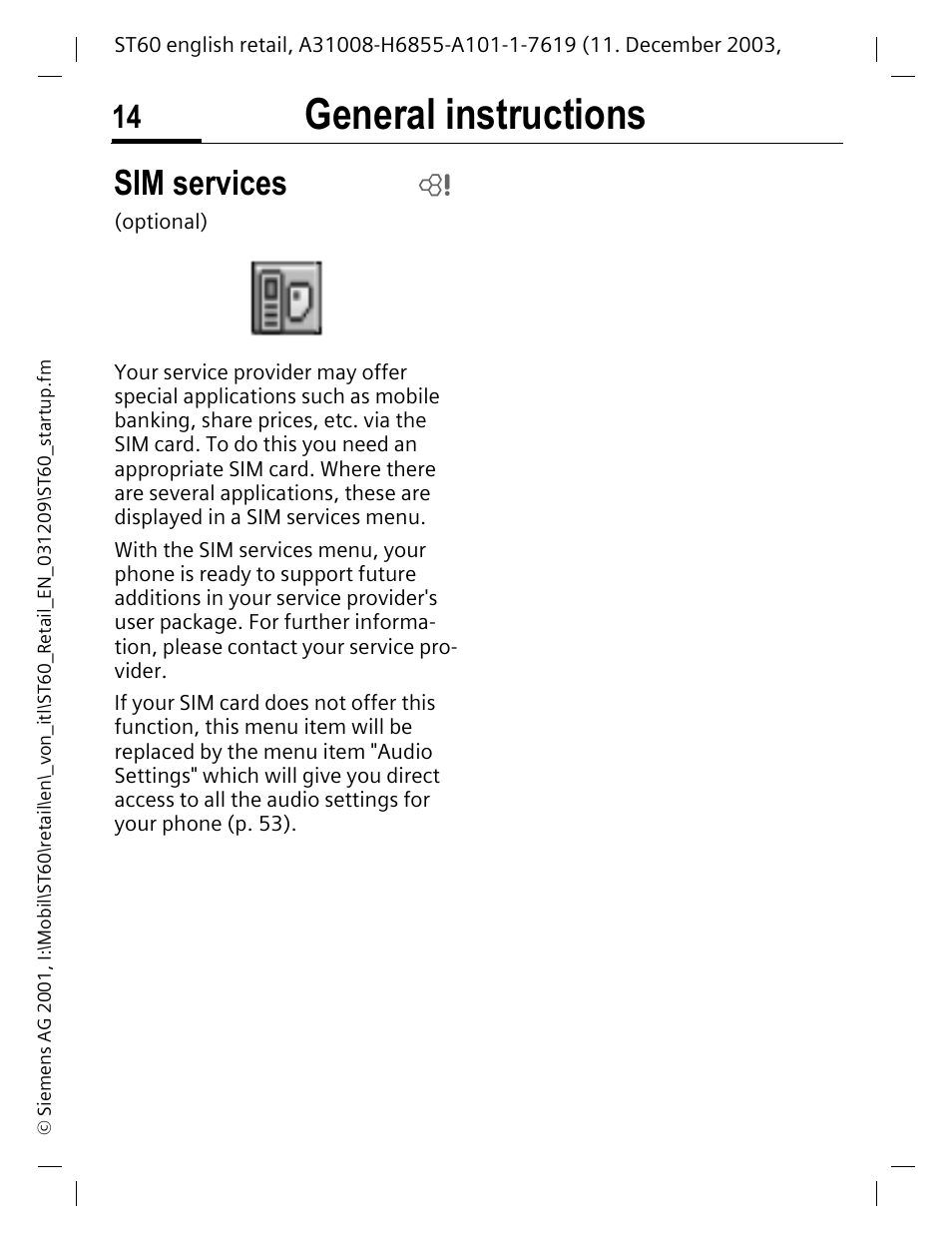 Sim services, General instructions | Siemens ST60 User Manual | Page 14 / 89