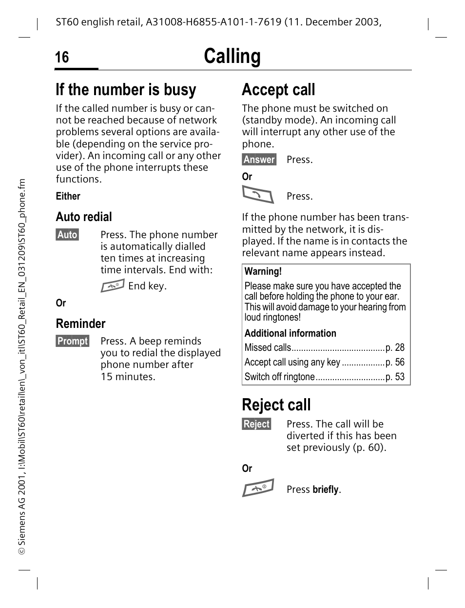 If the number is busy, Auto redial, Reminder | Accept call, Reject call, If the number is busy accept call reject call, Calling | Siemens ST60 User Manual | Page 16 / 89