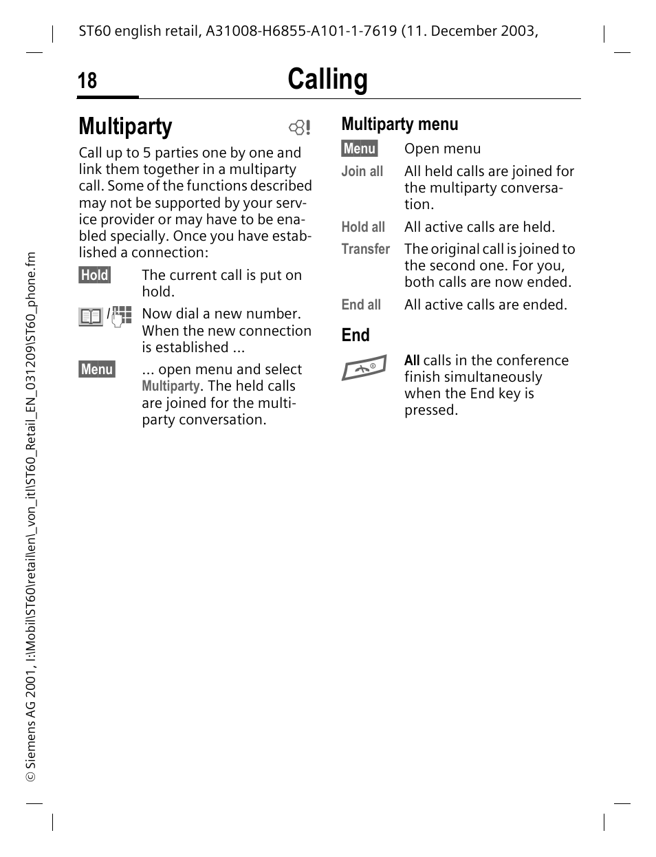 Multiparty, Multiparty menu, Calling | Siemens ST60 User Manual | Page 18 / 89