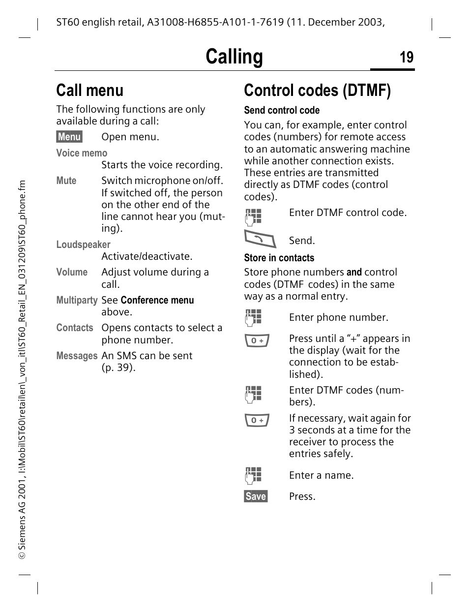 Call menu, Control codes (dtmf), Call menu control codes (dtmf) | P. 19, Calling | Siemens ST60 User Manual | Page 19 / 89