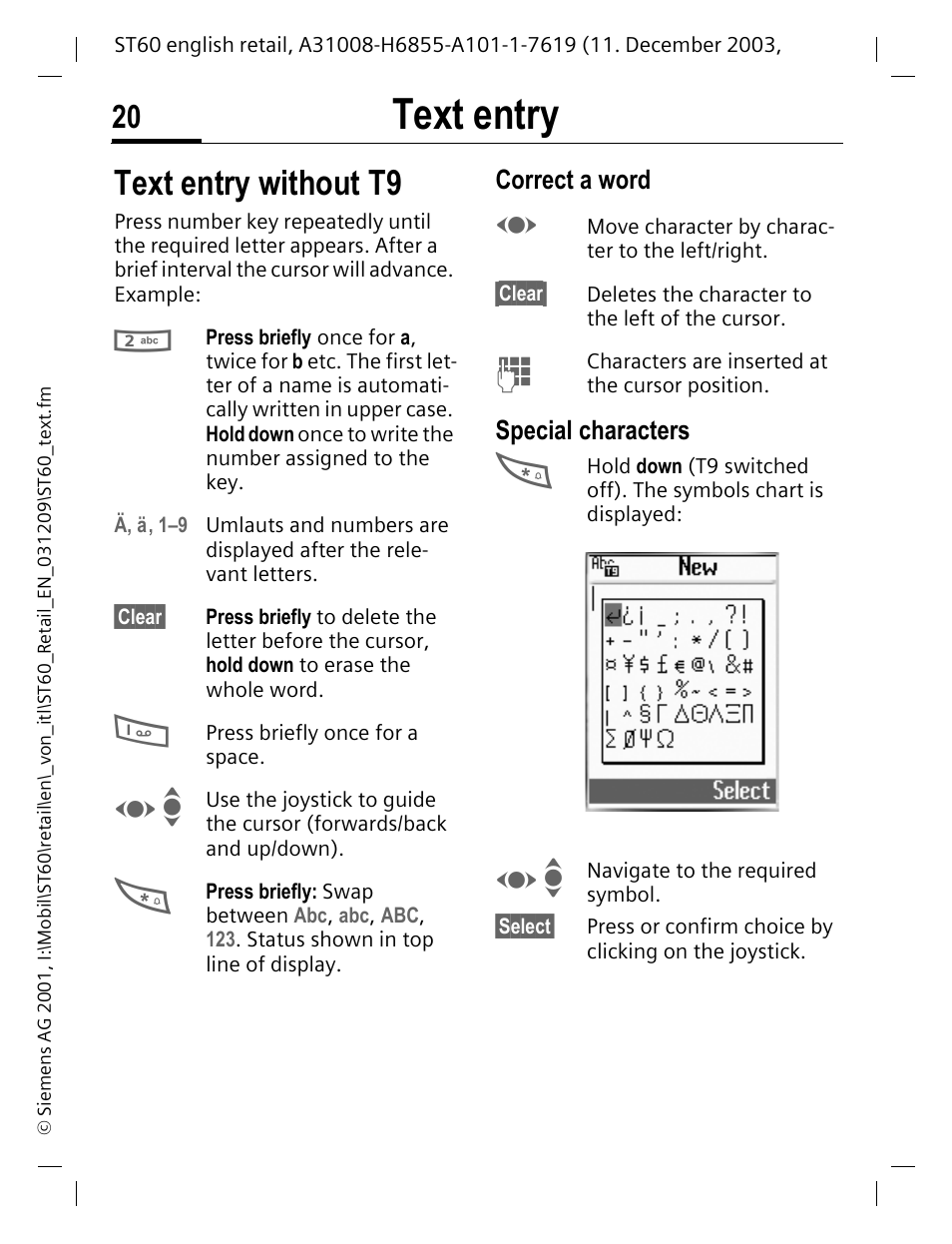 Text entry, Text entry without t9, Correct a word | Special characters | Siemens ST60 User Manual | Page 20 / 89