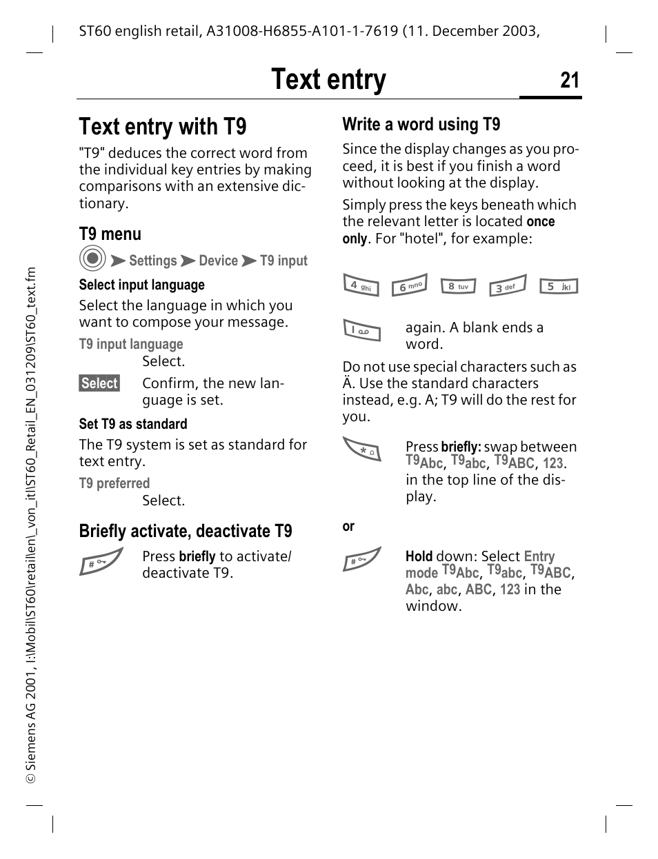 Text entry with t9, T9 menu, Briefly activate, deactivate t9 | Write a word using t9, Text entry | Siemens ST60 User Manual | Page 21 / 89