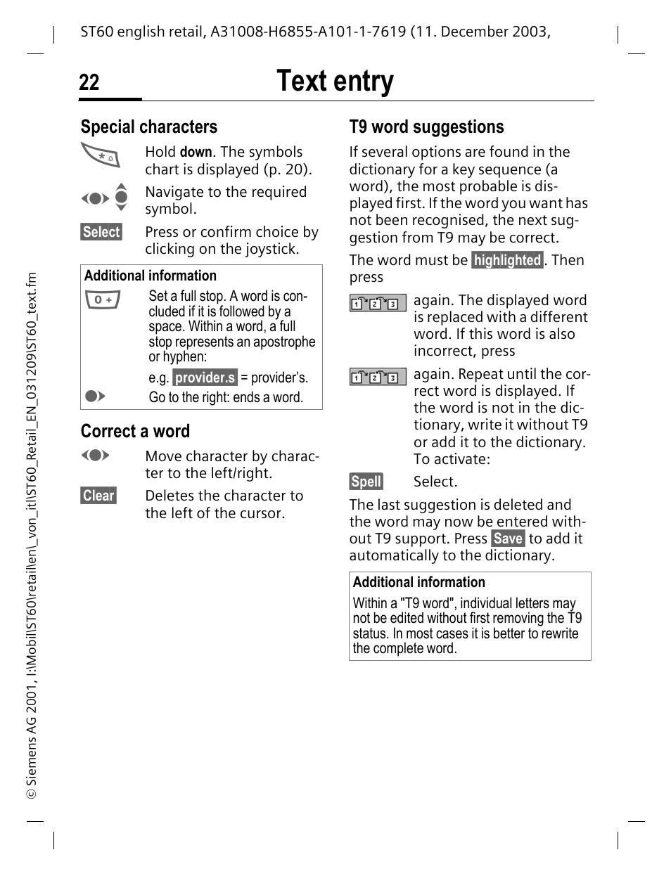 Special characters, Correct a word, T9 word suggestions | Text entry | Siemens ST60 User Manual | Page 22 / 89