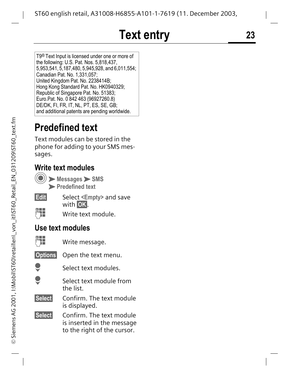 Predefined text, Write text modules, Use text modules | Text entry | Siemens ST60 User Manual | Page 23 / 89